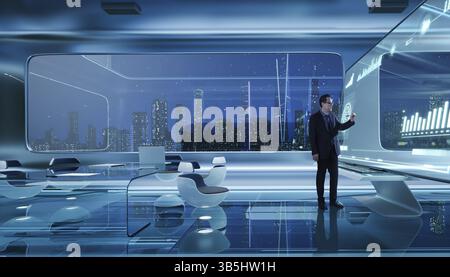 Businessmen working with smart virtual screens projection. Future technology business marketing concept Stock Photo