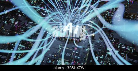 Smart technology circuit board with Ai and aesthetic Intricate wave line design, big data connection technology concept. 3d rendering Stock Photo