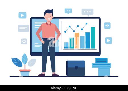 Digital marketing strategy team Content manager Flat cartoon character vector illustration Stock Vector
