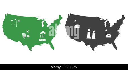 Two US maps with symbols, side by side show a contrast: green icons for wind, solar and geothermal energy on the left; white factory icons with smoke Stock Vector