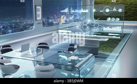 Modern sci-fi futuristic interior office design with green wall plant and beautiful night scene cityscape view. 3d rendering Stock Photo