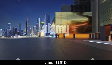 Perspective view of empty floor with modern building and beautiful nigh city background. 3d rendering Stock Photo