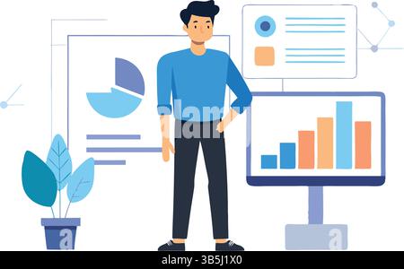 Business Professional Analyzing Financial Report: Man Reviewing Pie and Bar Charts on Large Screen Stock Vector