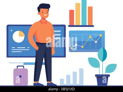 Business Professional Analyzing Financial Report: Man Reviewing Pie and Bar Charts on Large Screen Stock Vector