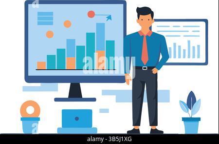 Business Professional Analyzing Financial Report: Man Reviewing Pie and Bar Charts on Large Screen Stock Vector