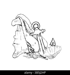 Anchor next to a large oceanic clam shell and pearl oyster, black and white ink sketch. Marine vector illustration. Shells from the bottom of the unde Stock Vector
