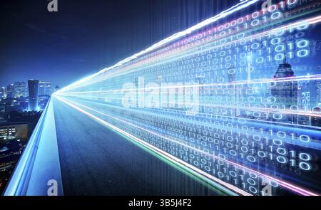 Highway flyover with binary code numbers on motion blurred asphalt road, speed and faster digital matrix technology information concept Stock Photo