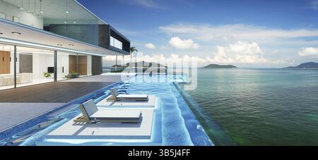 Luxury villa exterior design with beautiful seascape at the infinity pool. 3d rendering Stock Photo