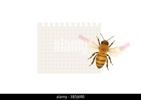 Cute watercolor bee sitting on a white dotted notepad, fixed with pink washi tape. Ideal for summer-themed designs or scrapbooks. Stock Vector