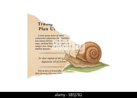 Watercolor snail illustration placed over a ripped paper edge, creating a realistic vintage graphic effect with text layout. Stock Vector
