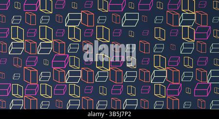 A vibrant abstract pattern of repeating 3D cubes in red, purple, brown and white on a dark blue background. The bold geometric design and contrasting Stock Vector