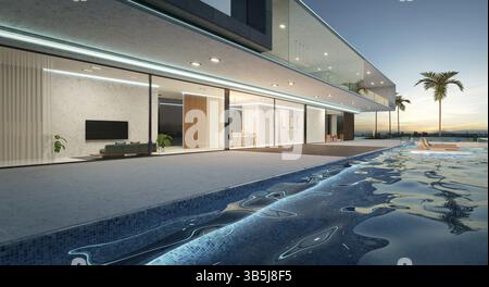 Luxury villa exterior design with beautiful swimming pool . NIght scene. 3d rendering Stock Photo