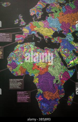 Beautifully colored half of a world map focusing on the global water system. Rivers, lakes, oceans, and other hydrological features. Stock Photo