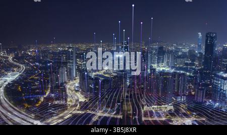 Smart city with particle glowing light connection design, big data connection technology concept Stock Photo
