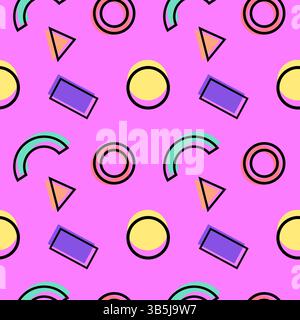 Vintage 80s Memphis style seamless pattern with circles, rectangles, triangles, rings and arcs in vibrant pastel tones on a pink background. Perfect f Stock Vector