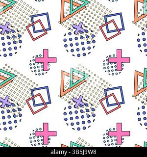 Playful vintage 80s Memphis style seamless pattern featuring naive cartoon abstract geometric shapes such as triangles, squares, crosses, and dotted c Stock Vector