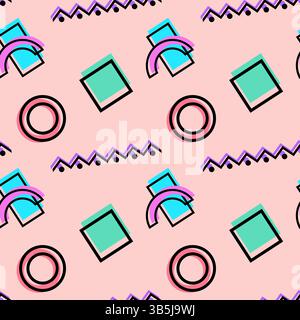 Vintage 80s Memphis style seamless pattern featuring pastel tones like rectangles, rings, zigzag lines with dots, and arcs. Perfect for retro, hipster Stock Vector