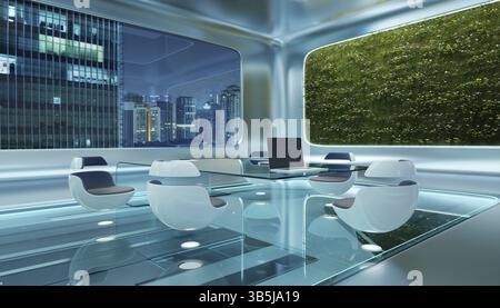 Modern futuristic interior office design with green wall plant and beautiful night scene cityscape view. 3d rendering Stock Photo