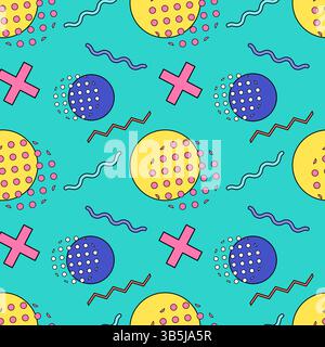 Adorable vintage 80s Memphis style seamless pattern with a naive cartoon shapes like circles, cross, wave, and dotted textures on a turquoise backgrou Stock Vector