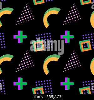 Dynamic abstract vintage 80s Memphis style seamless pattern featuring crosses, arcs, dotted triangles, and squares on a black background. Perfect for Stock Vector