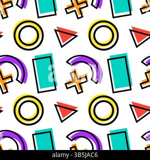 Vintage 80s Memphis style seamless pattern featuring bold abstract geometric shapes like rings, triangles, arcs, rectangles, and crosses on a white ba Stock Vector