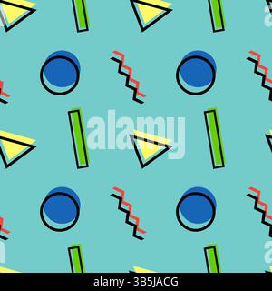 Vintage 80s Memphis style seamless pattern with circles, triangles, rectangles, and zigzag lines in vibrant colors on a turquoise background. Perfect Stock Vector