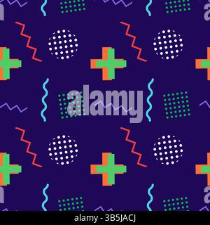 Vintage 80s Memphis style seamless pattern with abstract shapes like colorful crosses, dots, zigzag and wave lines, circles and squares on a dark blue Stock Vector