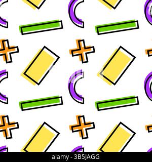 Playful vintage 80s Memphis style seamless pattern with vibrant geometric shapes like rectangles, crosses, and arcs on a white background. Ideal for r Stock Vector