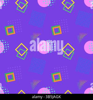 Colorful vintage 80s Memphis style seamless pattern with abstract geometric shapes like squares, circles, triangles, and dots on a purple background. Stock Vector