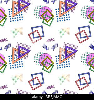 Vintage naive 80s Memphis style seamless pattern featuring geometric abstract shapes like triangles, squares, circles, arrows, and dotted. Perfect for Stock Vector