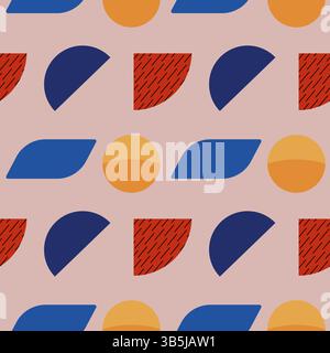 Vintage 80s Memphis style seamless pattern featuring modern abstract shapes in bold colors, including circles, semi circles, and leaf forms on a pink Stock Vector