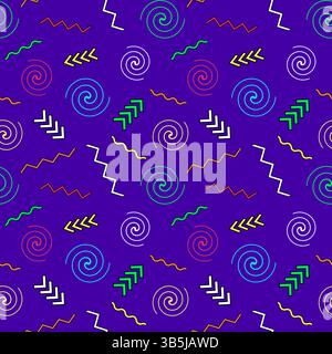 Vintage 80s Memphis style seamless pattern featuring naive cartoon abstract geometric shapes like arrows, wave lines, spirals and zigzag on a purple b Stock Vector