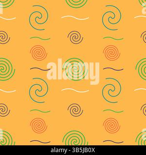 Bright and playful vintage 80s Memphis style seamless pattern featuring colorful spirals and wavy lines on an orange background. Ideal for retro and h Stock Vector