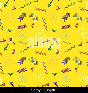 Colorful vintage 80s Memphis style seamless pattern featuring naive cartoon abstract geometric shapes like arrows, zigzag, spirals on a bright yellow Stock Vector