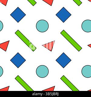 Simple vintage 80s Memphis style seamless pattern featuring abstract geometric shapes like triangles, circles, rectangles, and squares on a white back Stock Vector