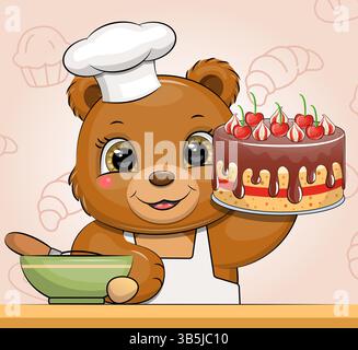 A Cute Cartoon Brown Bear Chef in a chef's Hat is holding a Delicious Cake. Vector Illustration of a Backer. Stock Vector