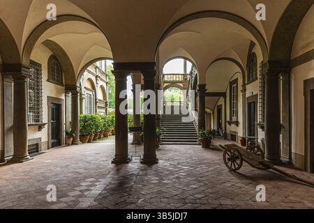 Entrance area with columns and round arches, Palazzo Pfanner, historic city centre, Lucca, Tuscany, Italy, Europe Stock Photo