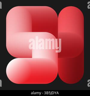 An abstract, twisted, elongated cylindrical shape forms a square-like structure on a black background. The red and white colors, smooth gradients and Stock Vector