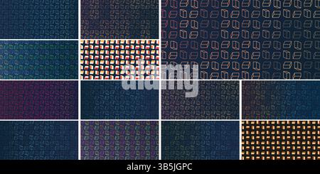A collection of bold 3D cube patterns in vibrant red, purple, brown and white tones on dark backgrounds. Modern vector set ideal for creative and abst Stock Vector