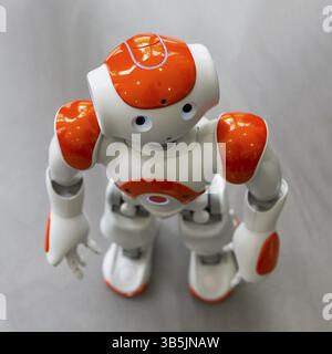 A small robot with human face and body - humanoid. Artificial Intelligence - AI. Orange robot Stock Photo