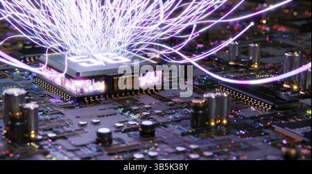 Smart technology circuit board with 5G and aesthetic Intricate wave line design, big data connection technology concept. 3d rendering Stock Photo