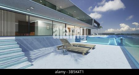 Luxury villa exterior design with beautiful seascape at the infinity pool. 3d rendering Stock Photo