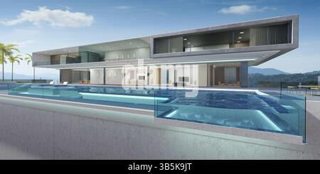 Luxury villa exterior design with beautiful infinity pool.3d rendering Stock Photo