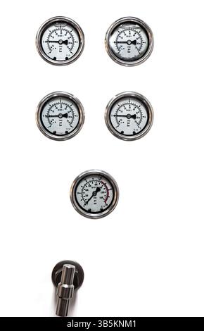 White panel with industrial pressure gauges showing the pressure level in bar. Stock Photo