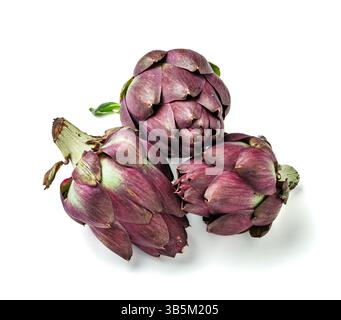 Three Cynara cardunculus scolymus artichokes, isolated on a white background Stock Photo