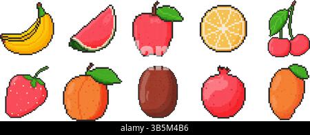 Pixel art fruit icon set in 8 bit style. Retro 80s, 90s video game graphics Stock Vector