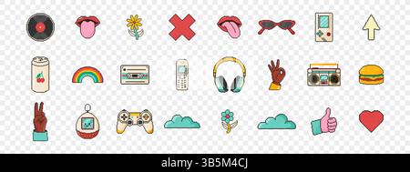 8 bit retro y2k elements icon set. Pixel art object. Old school computer graphic style. Disc, soda, lips, camera, joystick, sunglasses, arrow, rainbow Stock Vector