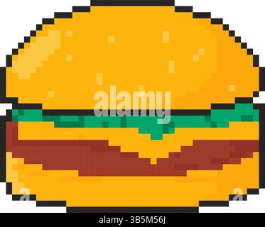 8 bit burger icon. Pixel art object. Old school vintage game graphic Stock Vector