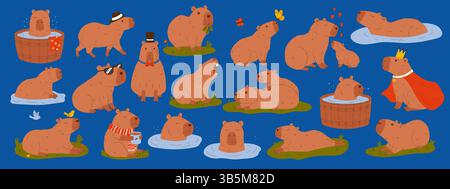 Cute capybaras collection. Set of exotic rodents swimming in pond, relaxing, eating leaves, walking. Hand drawn vector illustration Stock Vector