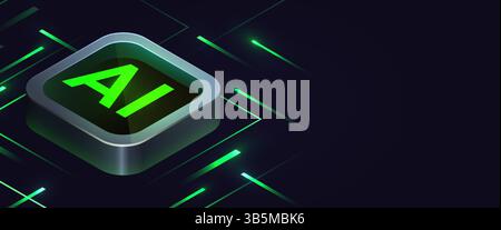Brightly glowing glass computer chip on circuit board. Technology background. CPU processor on tech bg. Computer microchip on motherboard. Vector illustration Stock Vector